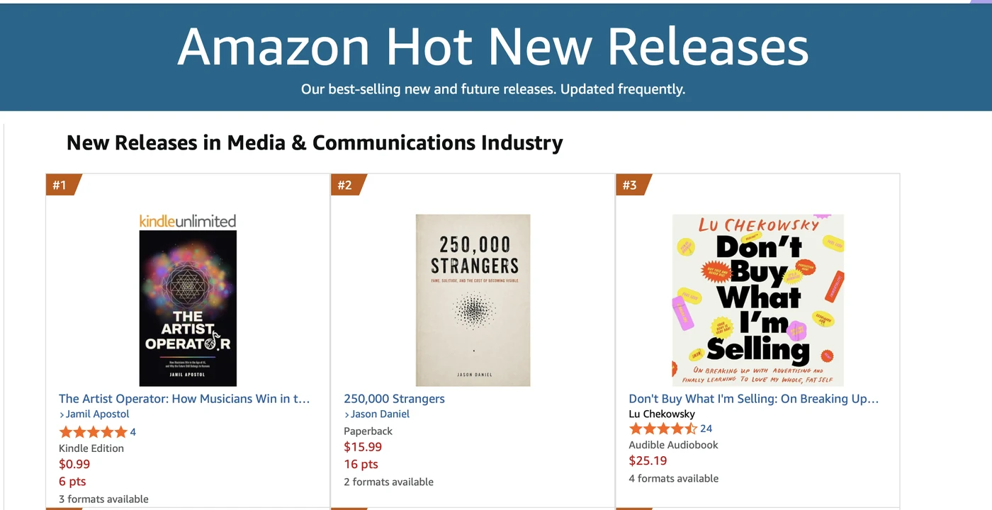 Amazon Hot New Releases, New Releases in Media & Communications Industry: The Artist Operator by Jamil Apostol at #1.